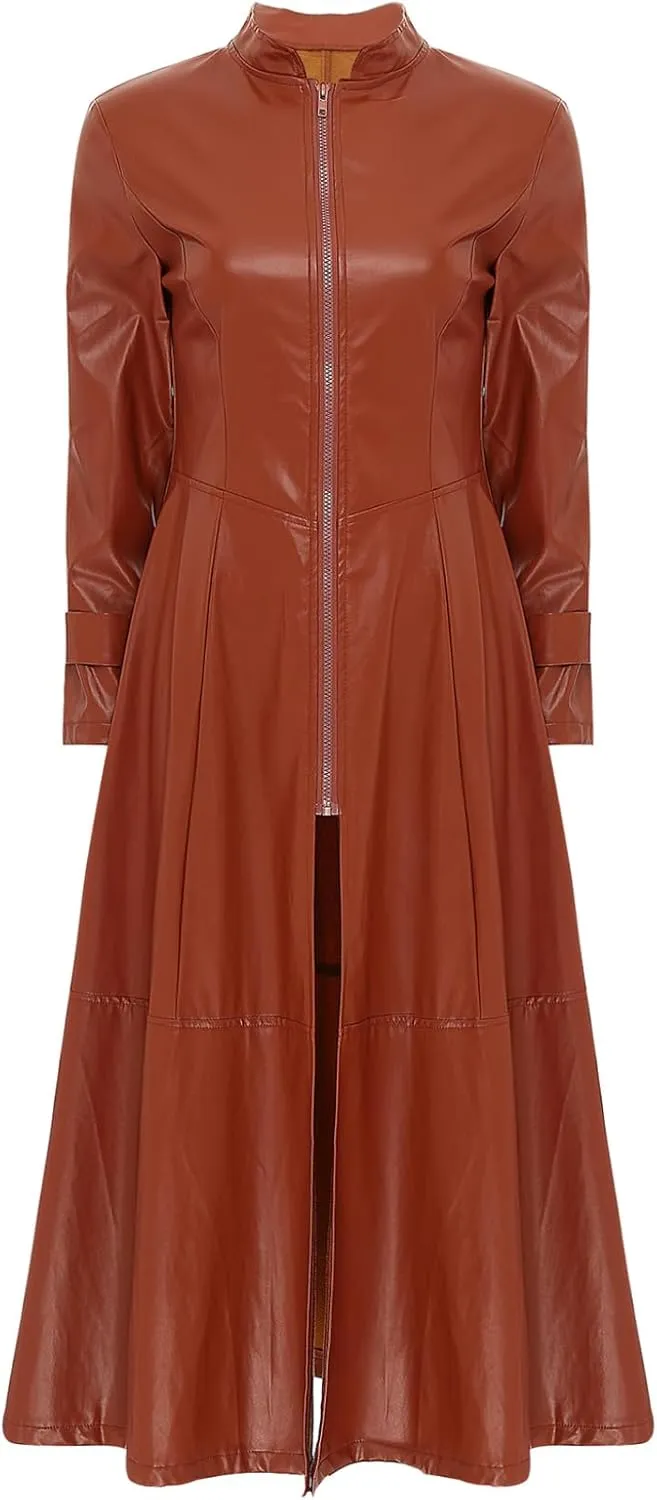 Women's Faux Leather Jacket Trench Coat Fashion Long Sleeves Full Zipper Ankle Length Dress