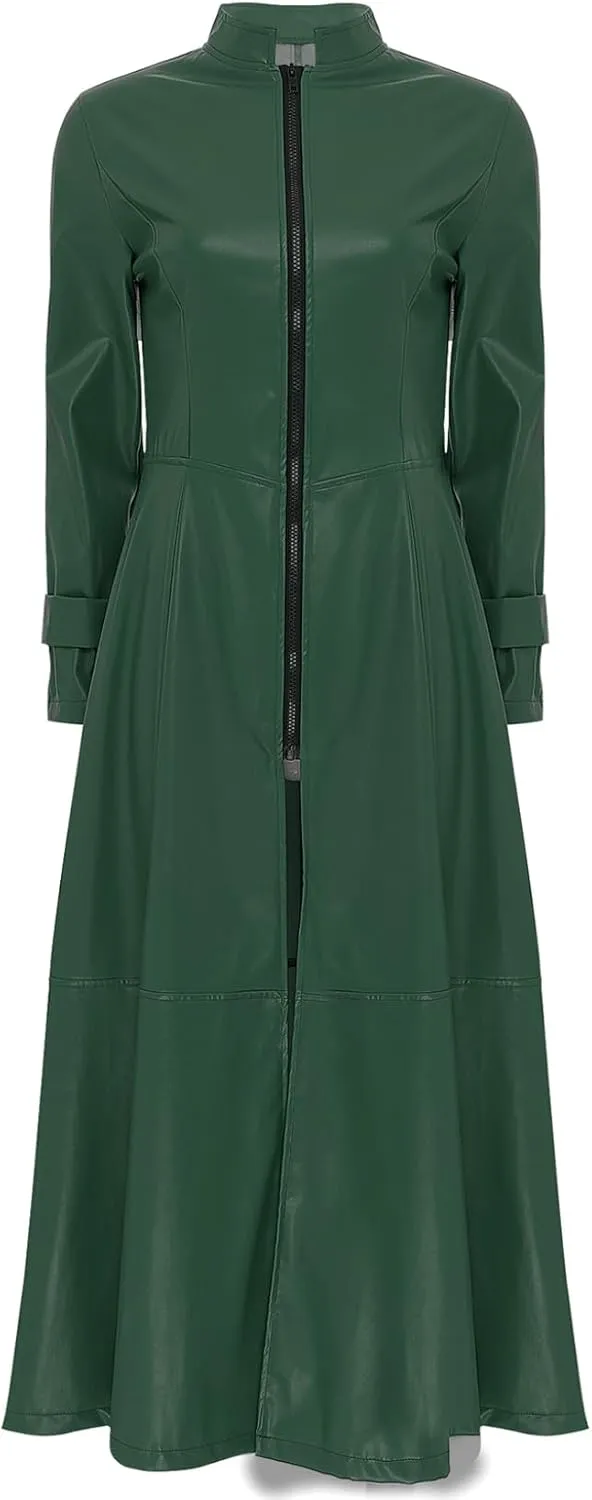 Women's Faux Leather Jacket Trench Coat Fashion Long Sleeves Full Zipper Ankle Length Dress