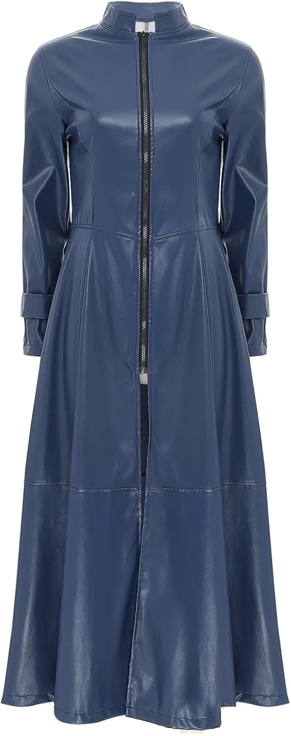 Women's Faux Leather Jacket Trench Coat Fashion Long Sleeves Full Zipper Ankle Length Dress