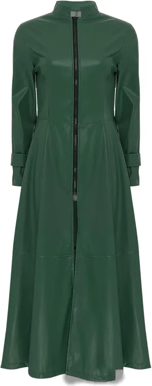 Women's Faux Leather Jacket Trench Coat Fashion Long Sleeves Full Zipper Ankle Length Dress