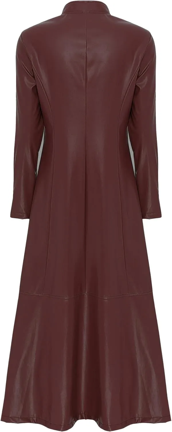 Women's Faux Leather Jacket Trench Coat Fashion Long Sleeves Full Zipper Ankle Length Dress