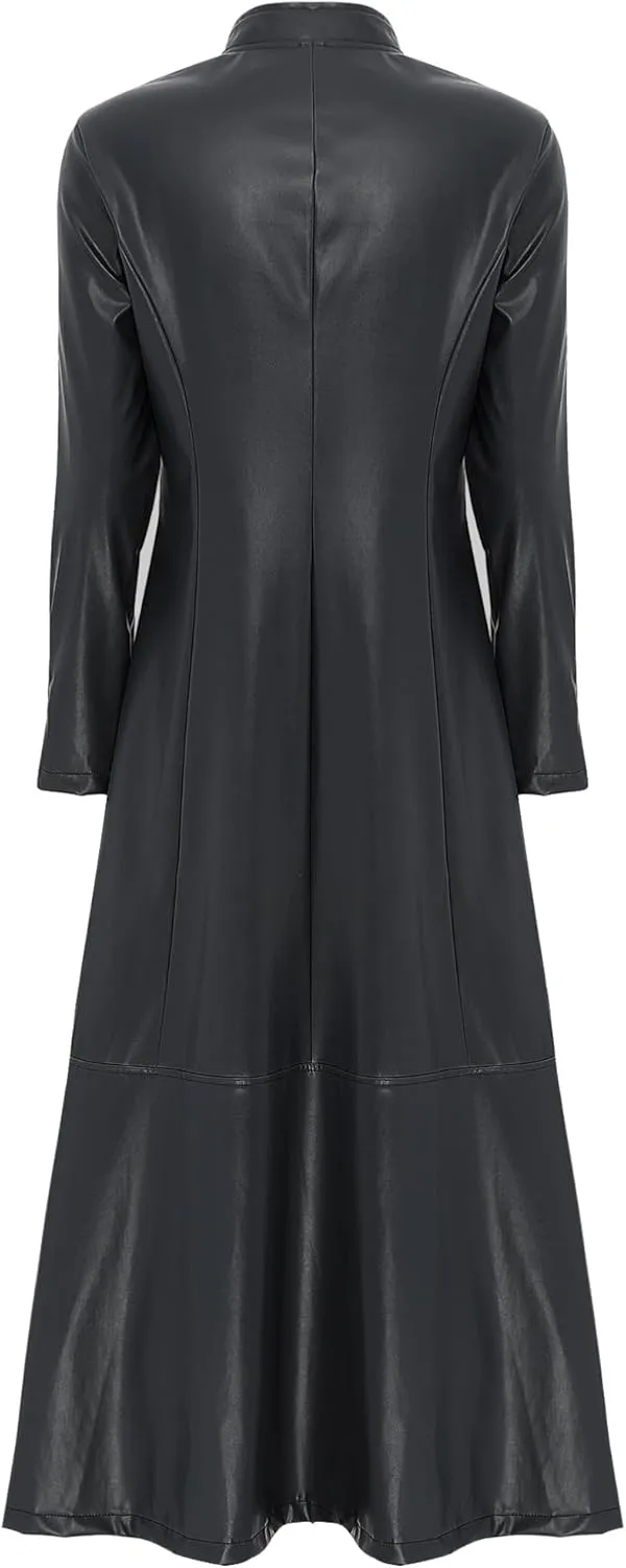 Women's Faux Leather Jacket Trench Coat Fashion Long Sleeves Full Zipper Ankle Length Dress