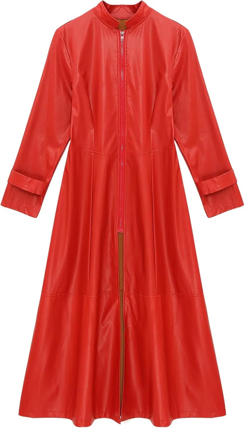Women's Faux Leather Jacket Trench Coat Fashion Long Sleeves Full Zipper Ankle Length Dress