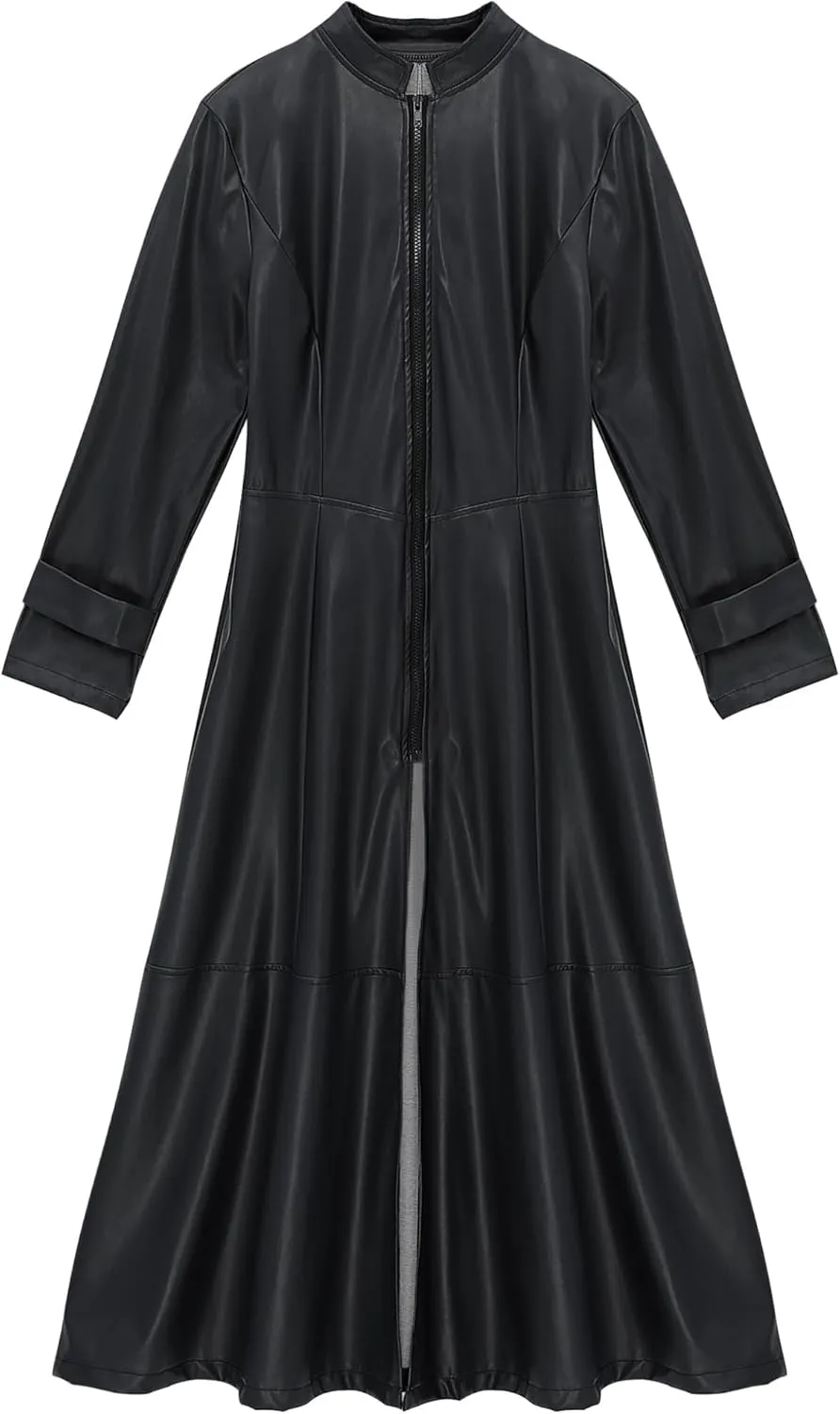 Women's Faux Leather Jacket Trench Coat Fashion Long Sleeves Full Zipper Ankle Length Dress