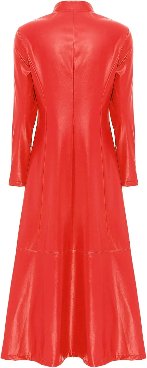 Women's Faux Leather Jacket Trench Coat Fashion Long Sleeves Full Zipper Ankle Length Dress