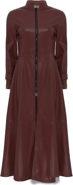 Women's Faux Leather Jacket Trench Coat Fashion Long Sleeves Full Zipper Ankle Length Dress