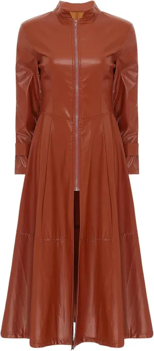 Women's Faux Leather Jacket Trench Coat Fashion Long Sleeves Full Zipper Ankle Length Dress
