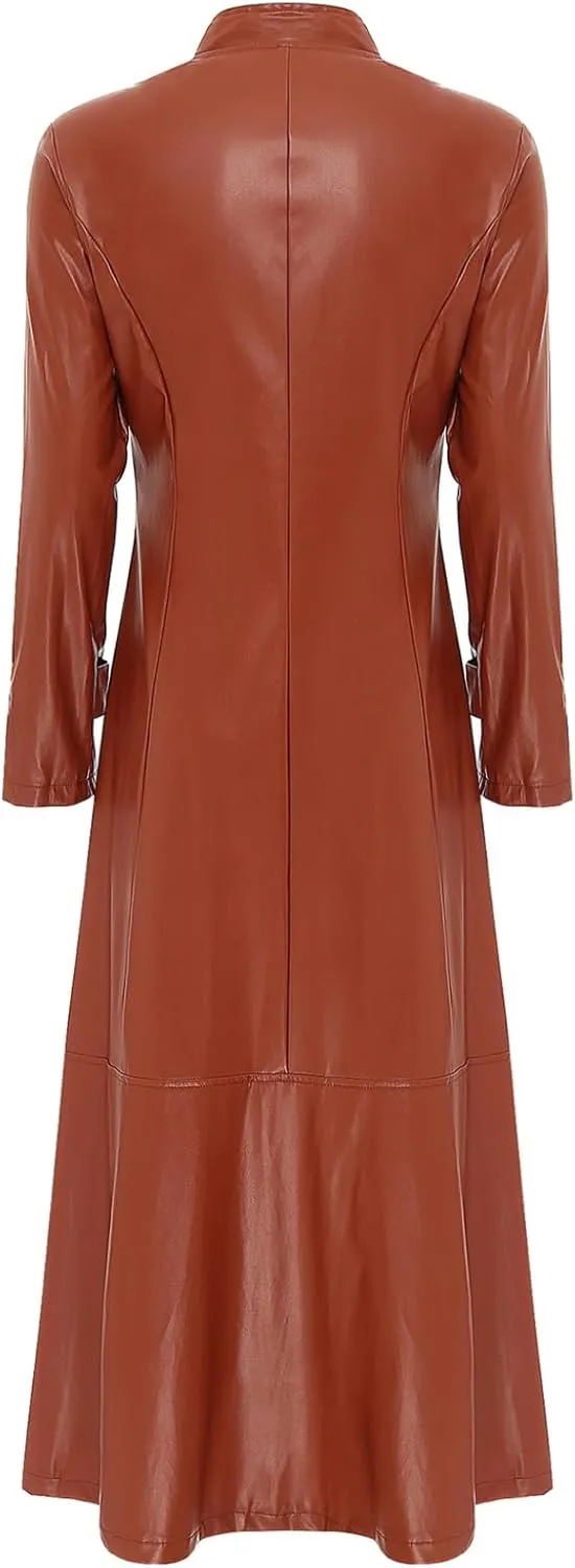 Women's Faux Leather Jacket Trench Coat Fashion Long Sleeves Full Zipper Ankle Length Dress