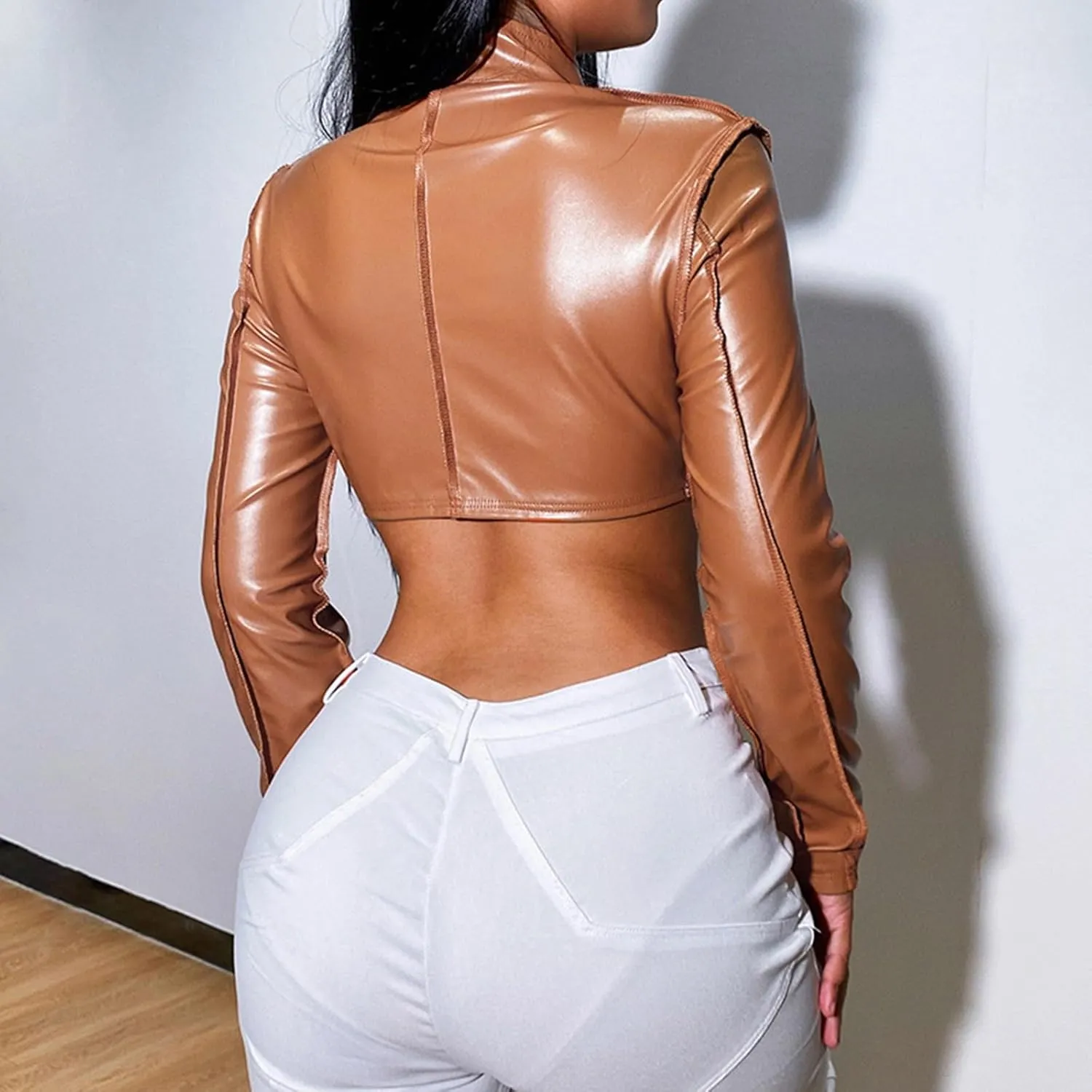 Women's Faux Leather Jackets Sexy V Neck Long Sleeve Zipper Midriff Up Moto Cropped Jacket