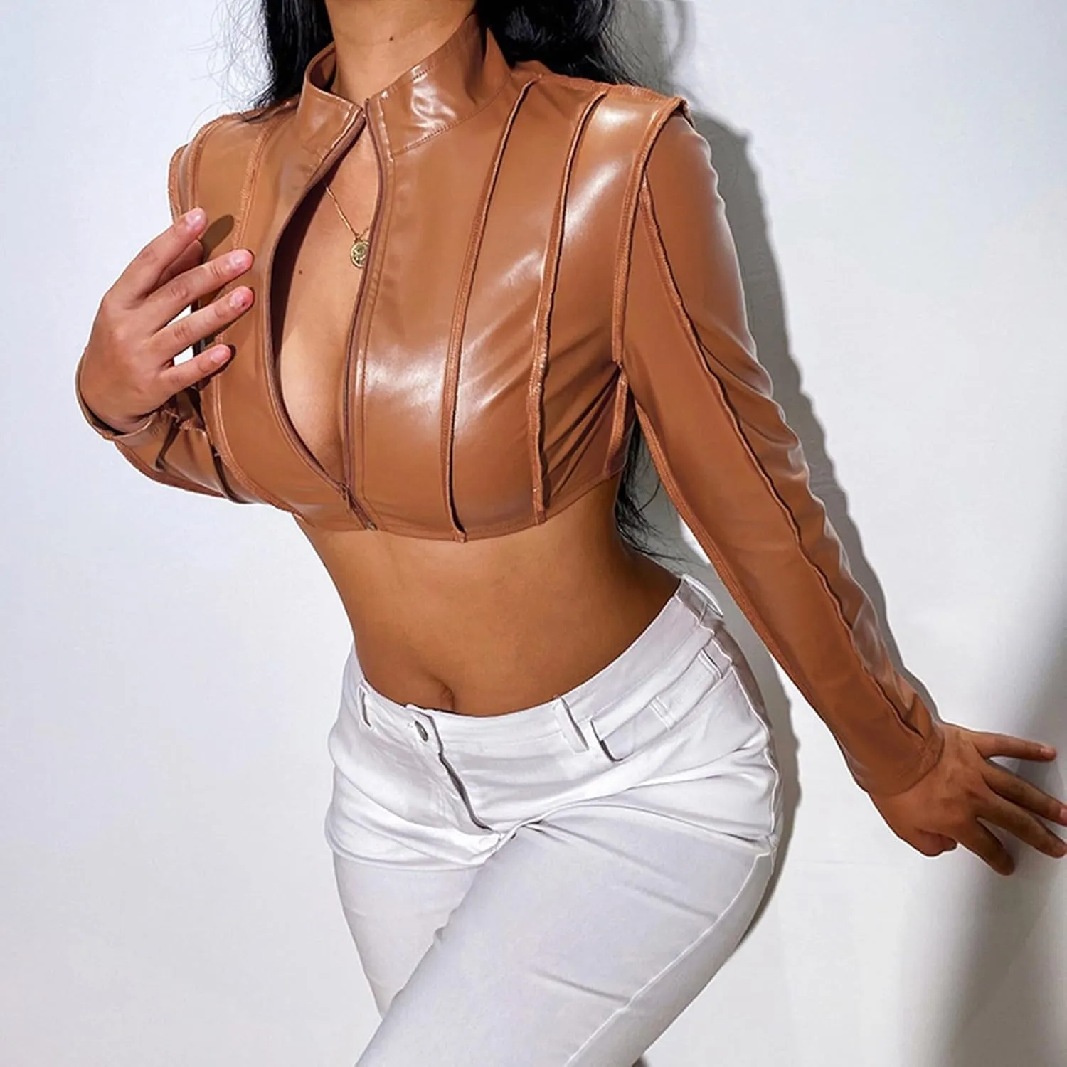 Women's Faux Leather Jackets Sexy V Neck Long Sleeve Zipper Midriff Up Moto Cropped Jacket