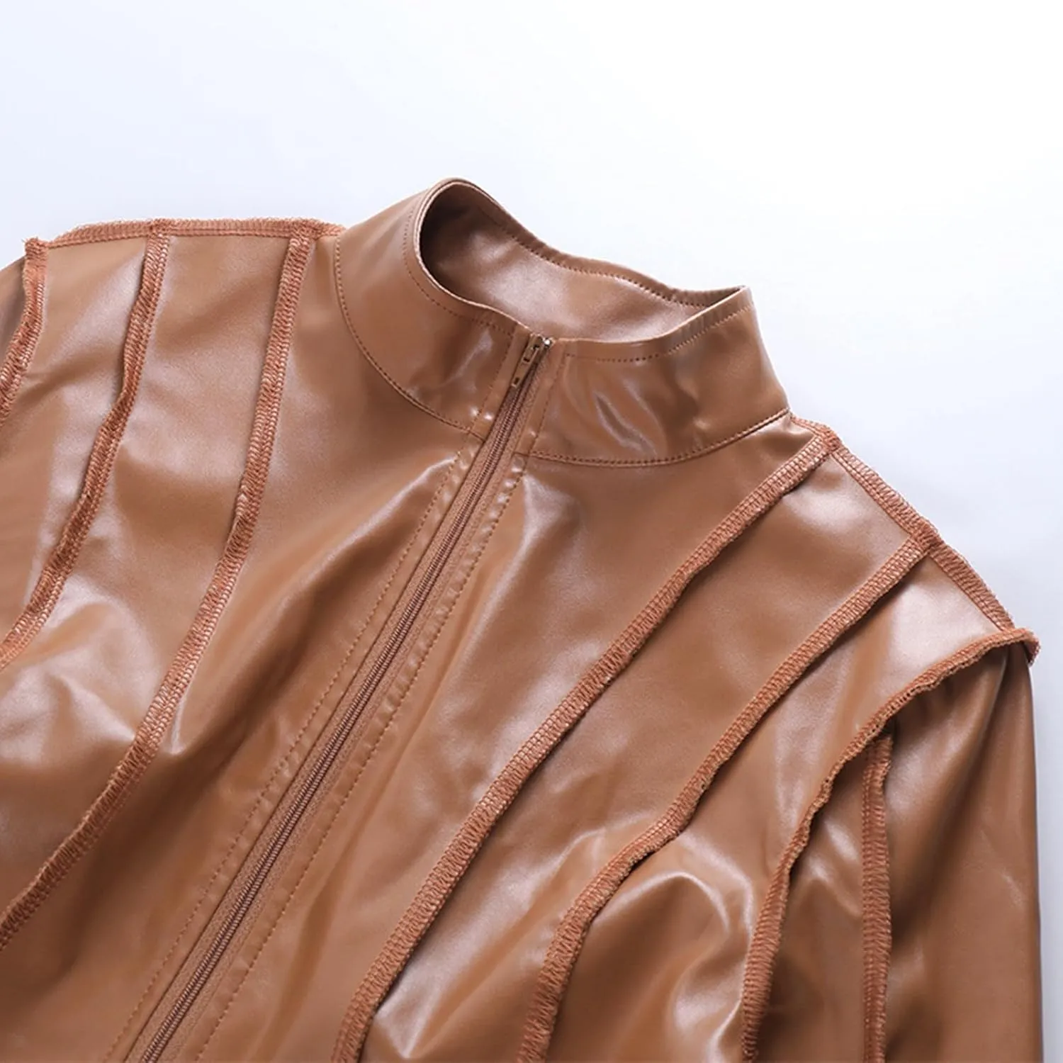 Women's Faux Leather Jackets Sexy V Neck Long Sleeve Zipper Midriff Up Moto Cropped Jacket