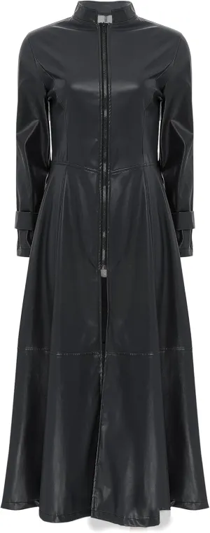 Women's Faux Leather Trench Coat Long Sleeves Full Zipper Ankle Length Overcoat Jacket