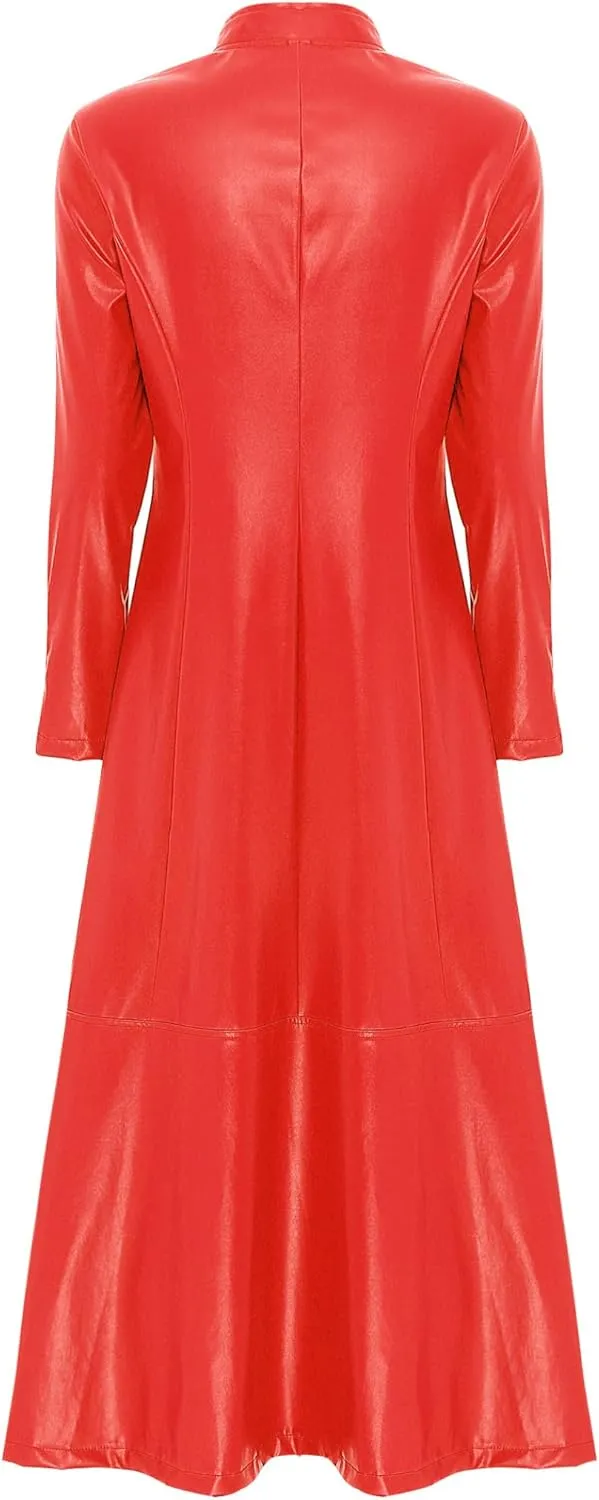 Women's Faux Leather Trench Coat Long Sleeves Full Zipper Ankle Length Overcoat Jacket