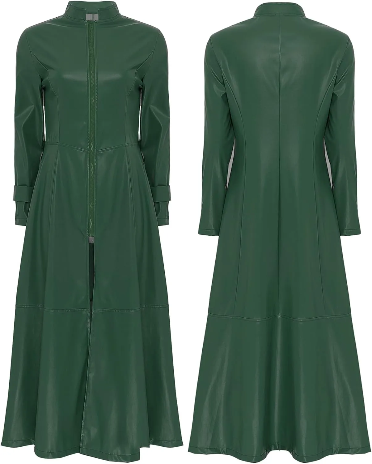 Women's Faux Leather Trench Coat Long Sleeves Full Zipper Ankle Length Overcoat Jacket
