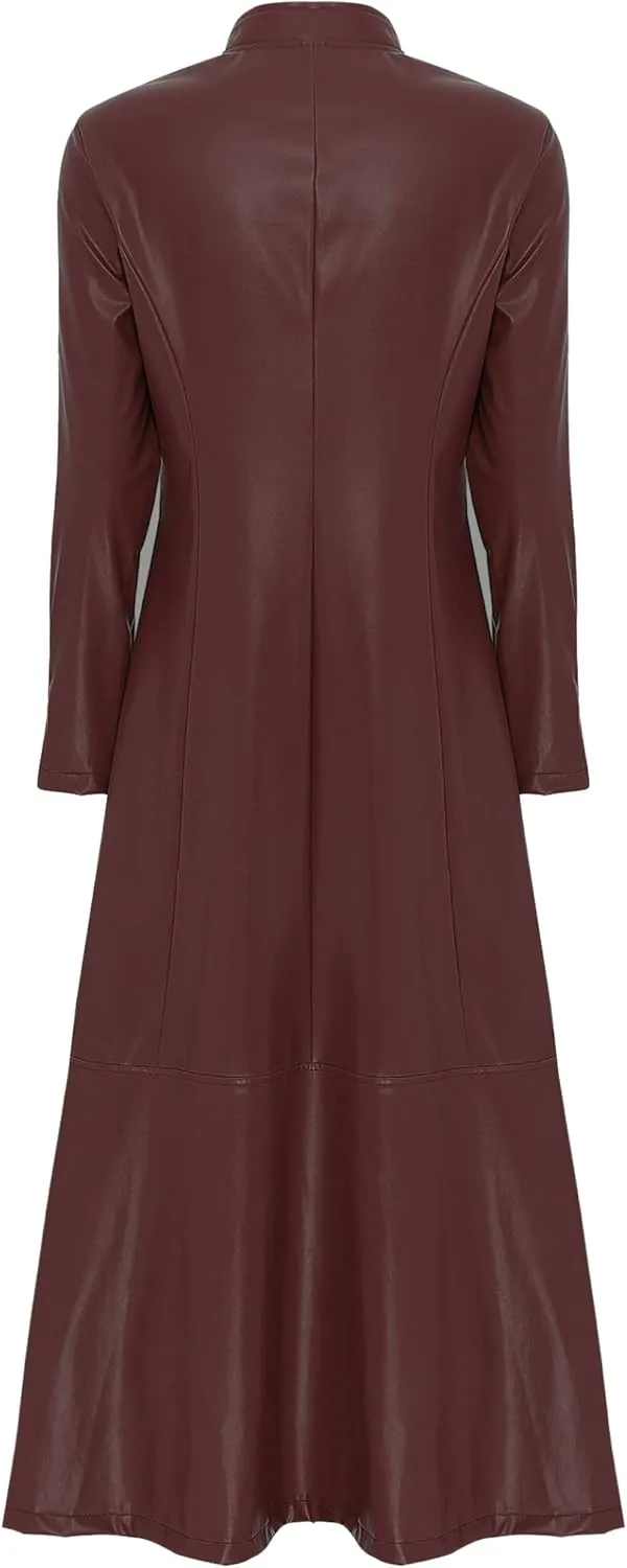 Women's Faux Leather Trench Coat Long Sleeves Full Zipper Ankle Length Overcoat Jacket