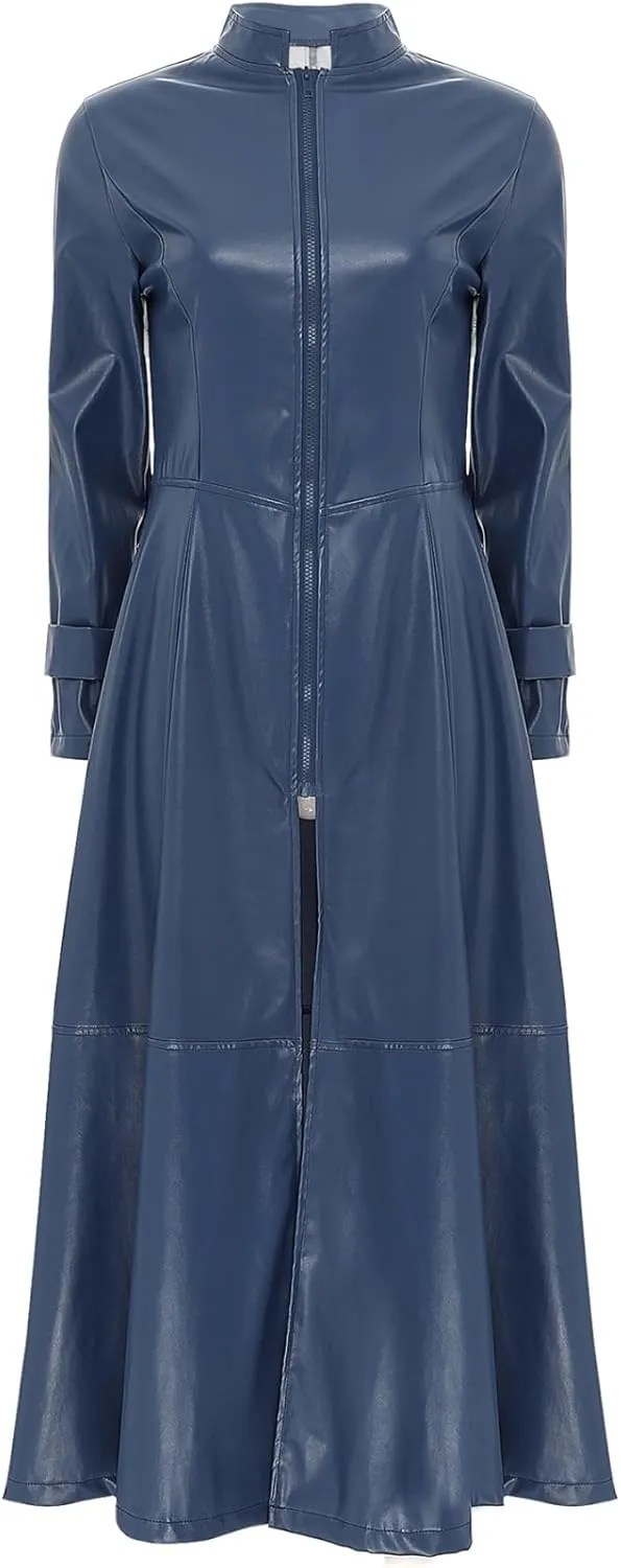 Women's Faux Leather Trench Coat Long Sleeves Full Zipper Ankle Length Overcoat Jacket