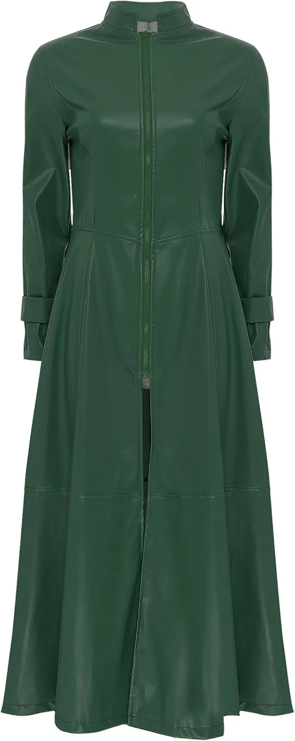 Women's Faux Leather Trench Coat Long Sleeves Full Zipper Ankle Length Overcoat Jacket