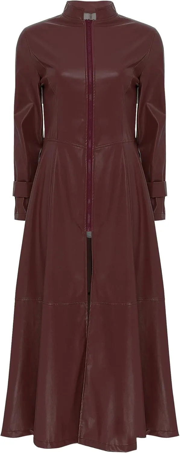 Women's Faux Leather Trench Coat Long Sleeves Full Zipper Ankle Length Overcoat Jacket