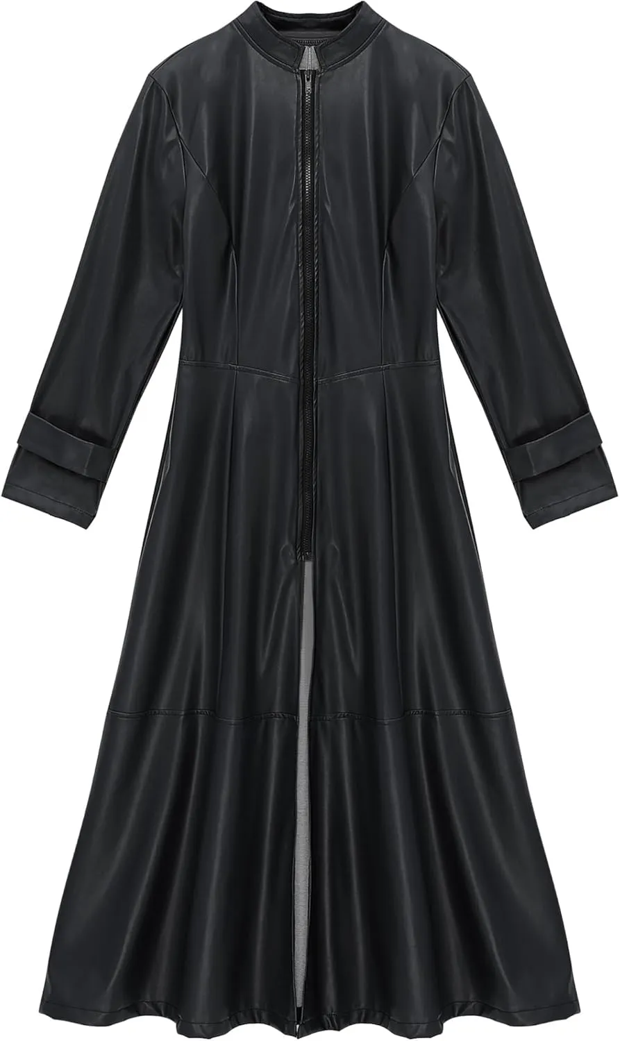 Women's Faux Leather Trench Coat Long Sleeves Full Zipper Ankle Length Overcoat Jacket