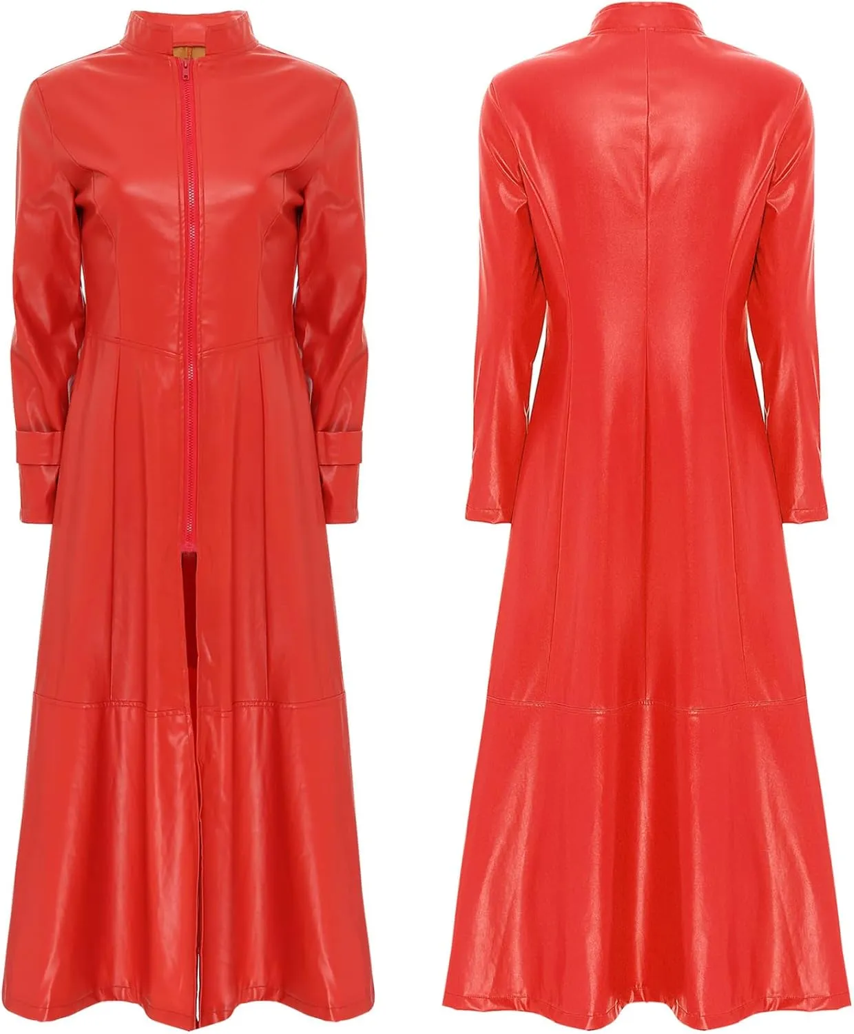 Women's Faux Leather Trench Coat Long Sleeves Full Zipper Ankle Length Overcoat Jacket