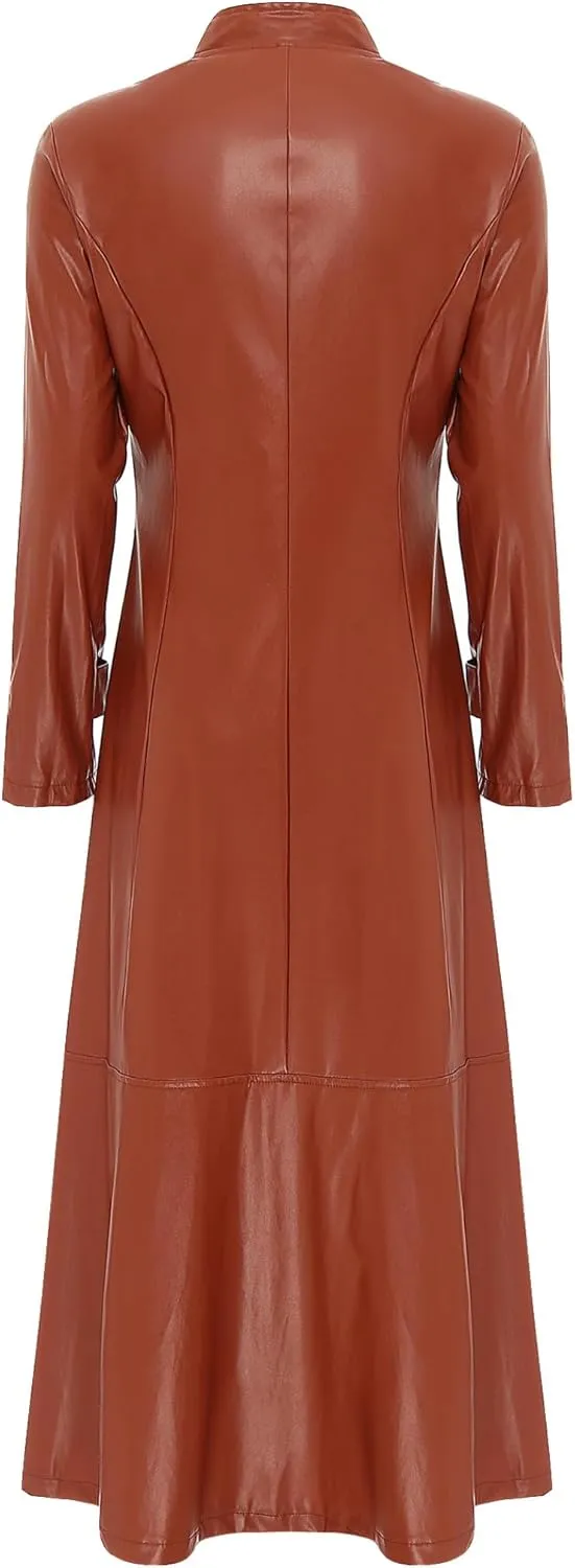 Women's Faux Leather Trench Coat Long Sleeves Full Zipper Ankle Length Overcoat Jacket