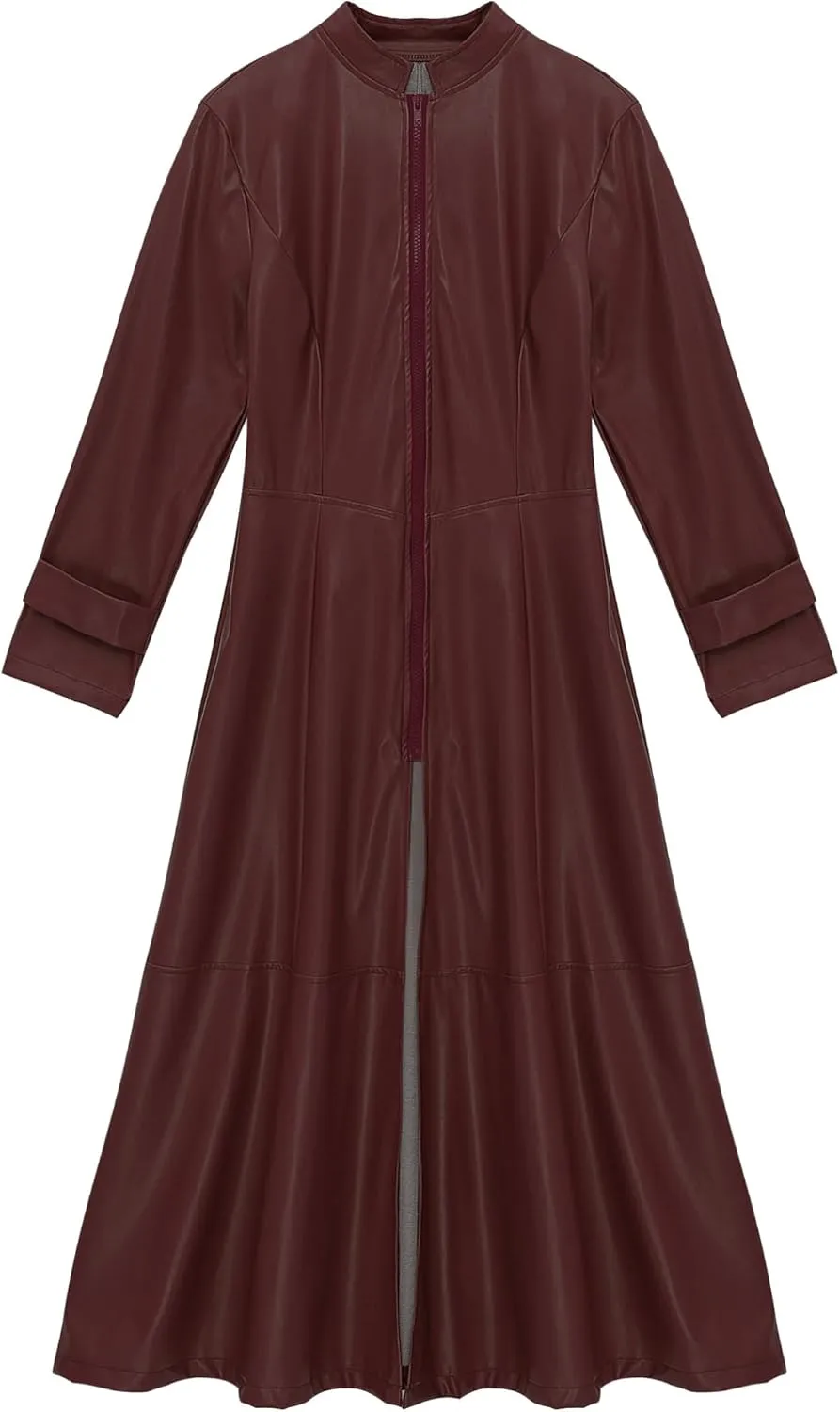 Women's Faux Leather Trench Coat Long Sleeves Full Zipper Ankle Length Overcoat Jacket