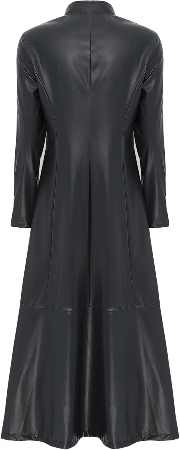 Women's Faux Leather Trench Coat Long Sleeves Full Zipper Ankle Length Overcoat Jacket