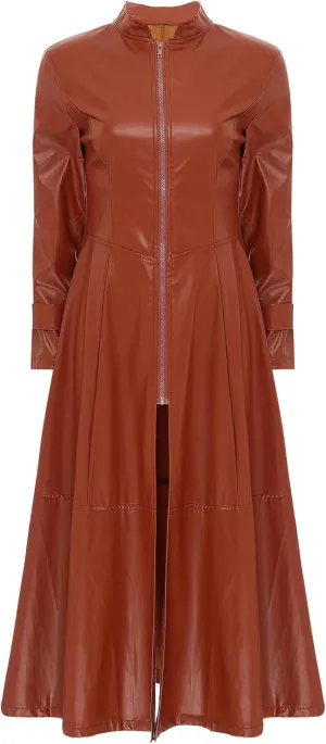 Women's Faux Leather Trench Coat Long Sleeves Full Zipper Ankle Length Overcoat Jacket