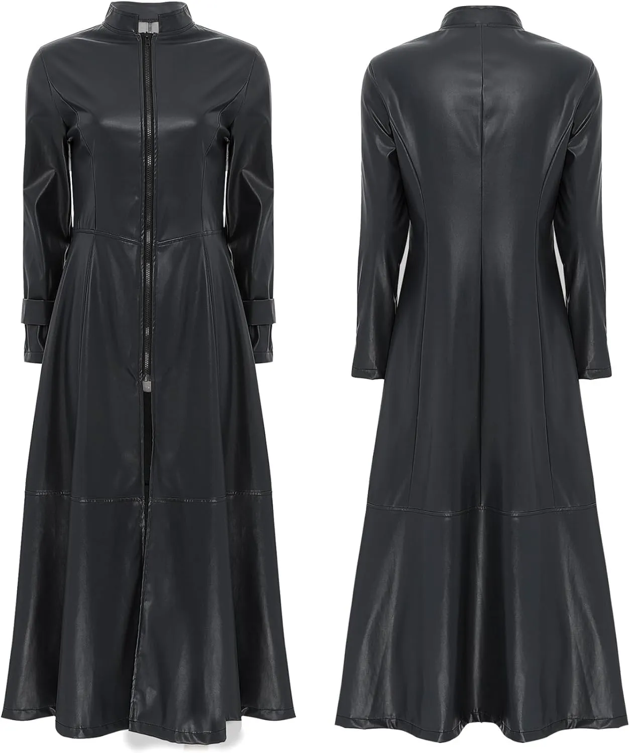 Women's Faux Leather Trench Coat Long Sleeves Full Zipper Ankle Length Overcoat Jacket