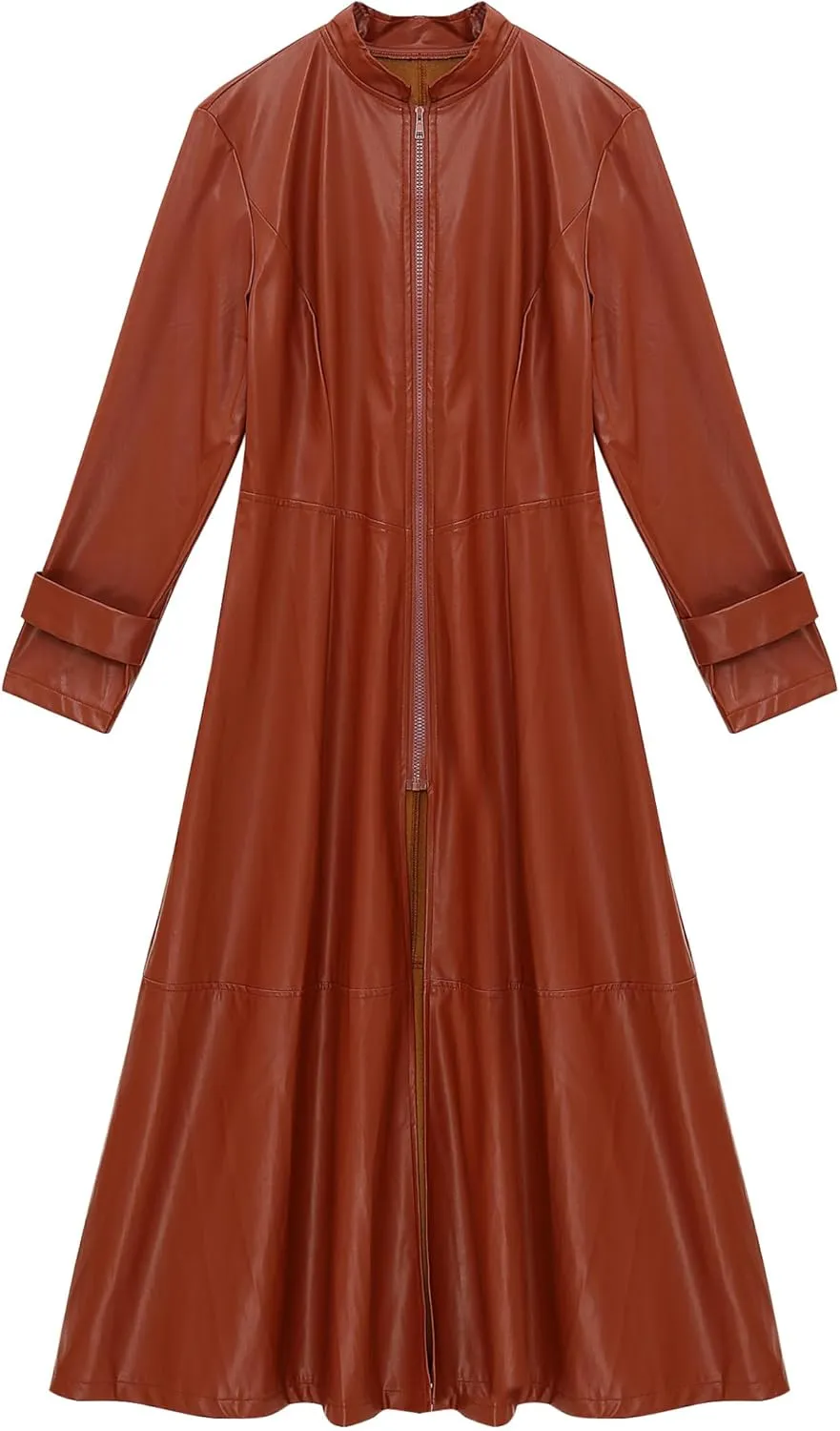 Women's Faux Leather Trench Coat Long Sleeves Full Zipper Ankle Length Overcoat Jacket