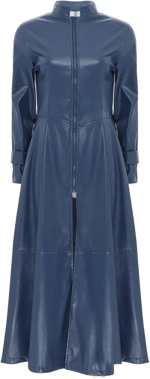 Women's Faux Leather Trench Coat Long Sleeves Full Zipper Ankle Length Overcoat Jacket