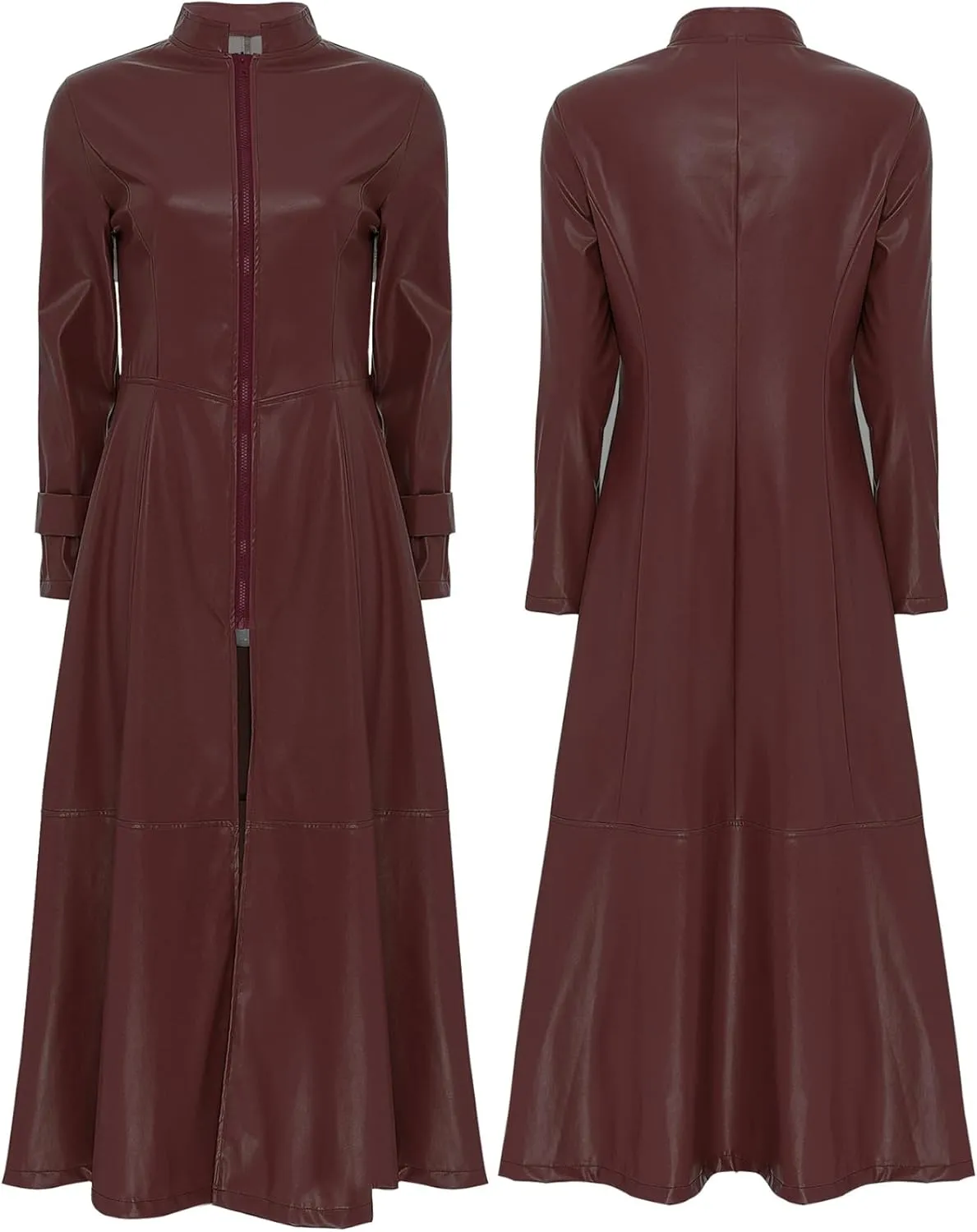 Women's Faux Leather Trench Coat Long Sleeves Full Zipper Ankle Length Overcoat Jacket