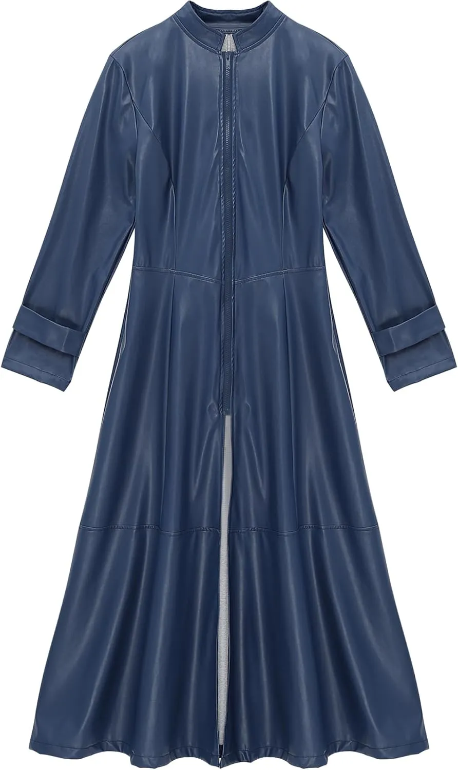Women's Faux Leather Trench Coat Long Sleeves Full Zipper Ankle Length Overcoat Jacket