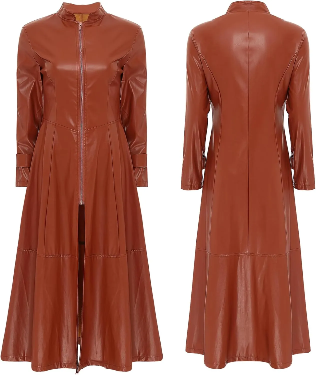 Women's Faux Leather Trench Coat Long Sleeves Full Zipper Ankle Length Overcoat Jacket
