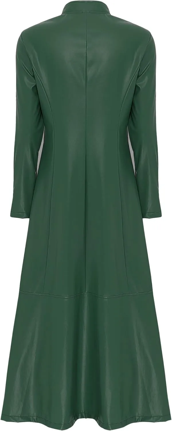 Women's Faux Leather Trench Coat Long Sleeves Full Zipper Ankle Length Overcoat Jacket