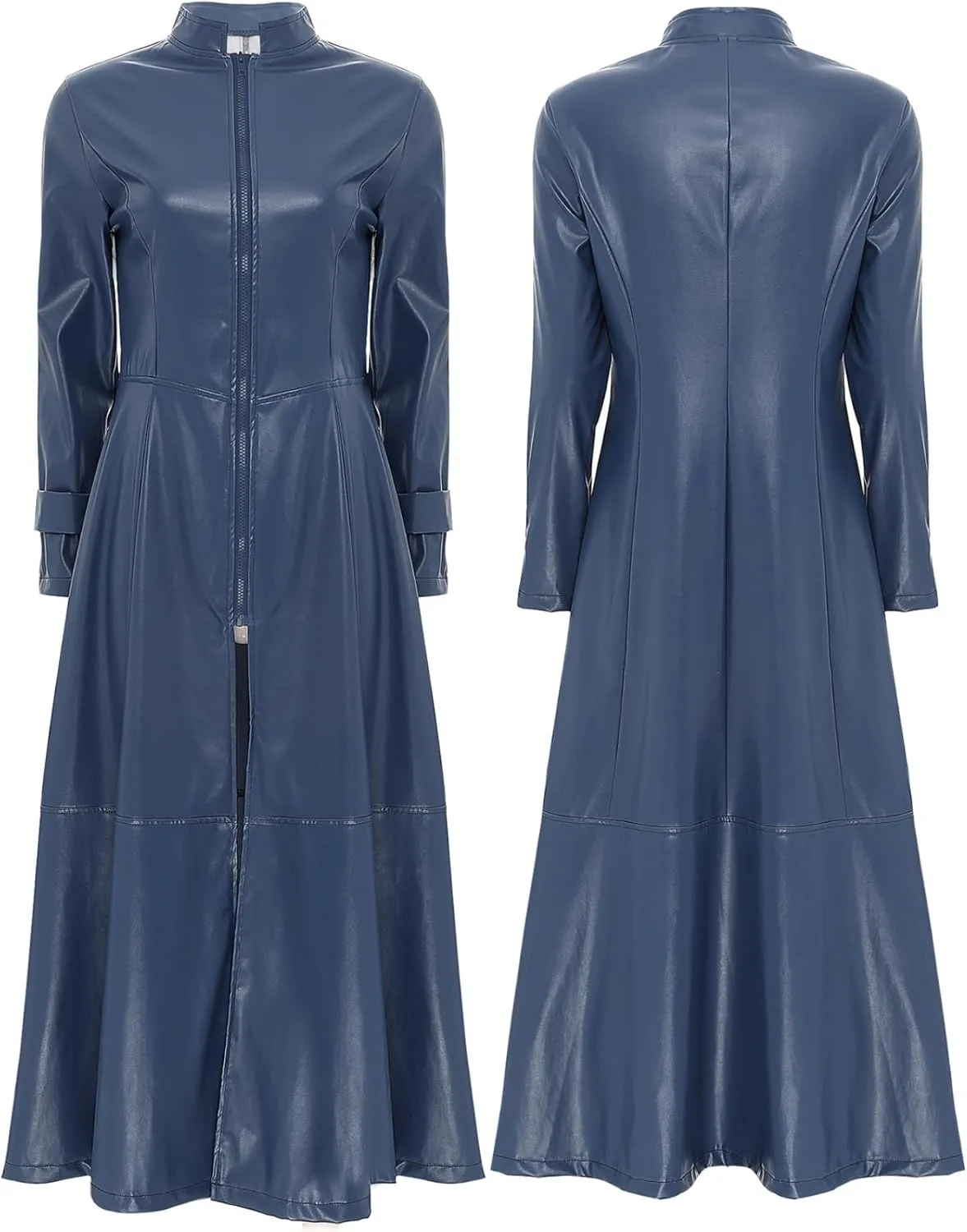 Women's Faux Leather Trench Coat Long Sleeves Full Zipper Ankle Length Overcoat Jacket