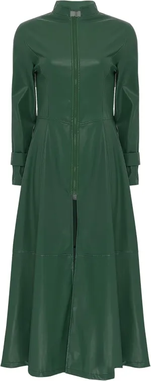 Women's Faux Leather Trench Coat Long Sleeves Full Zipper Ankle Length Overcoat Jacket