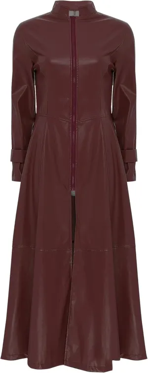 Women's Faux Leather Trench Coat Long Sleeves Full Zipper Ankle Length Overcoat Jacket