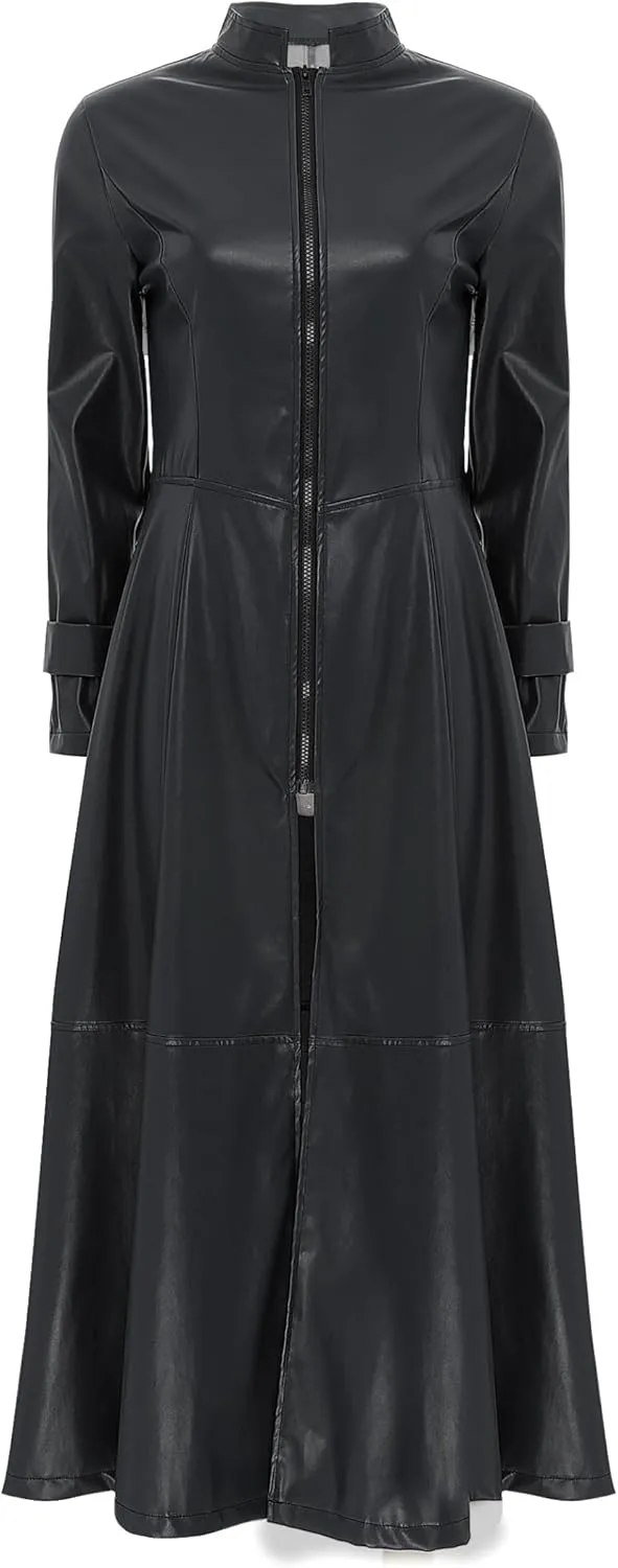 Women's Faux Leather Trench Coat Long Sleeves Full Zipper Ankle Length Overcoat Jacket