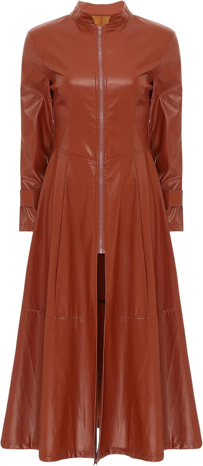 Women's Faux Leather Trench Coat Long Sleeves Full Zipper Ankle Length Overcoat Jacket