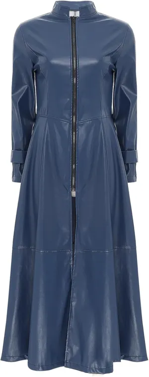 Women's Faux Leather Trench Coat Mock Neck Long Sleeve Full Zip Dress Coat Maxi Jacket Outwear