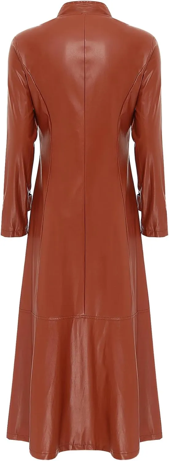Women's Faux Leather Trench Coat Mock Neck Long Sleeve Full Zip Dress Coat Maxi Jacket Outwear