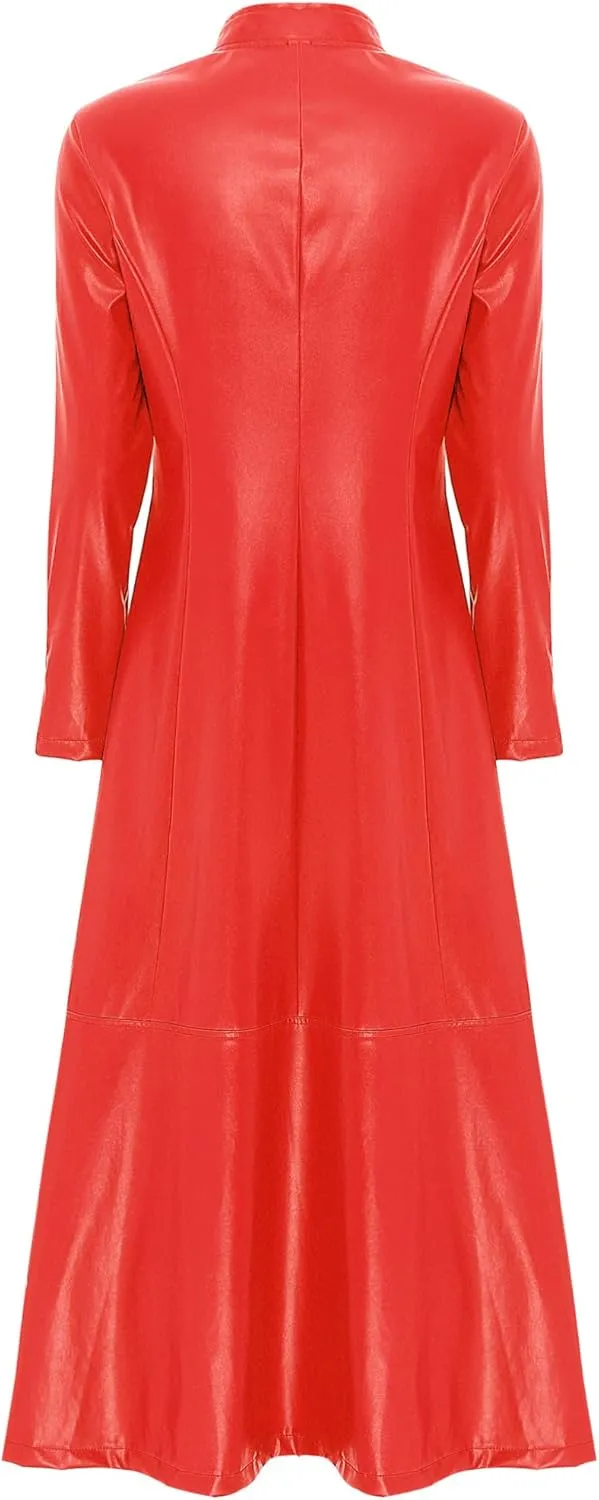 Women's Faux Leather Trench Coat Mock Neck Long Sleeve Full Zip Dress Coat Maxi Jacket Outwear