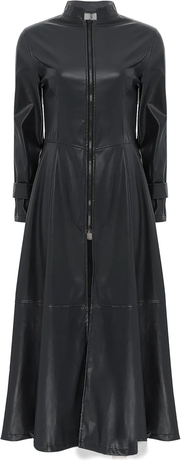 Women's Faux Leather Trench Coat Mock Neck Long Sleeve Full Zip Dress Coat Maxi Jacket Outwear