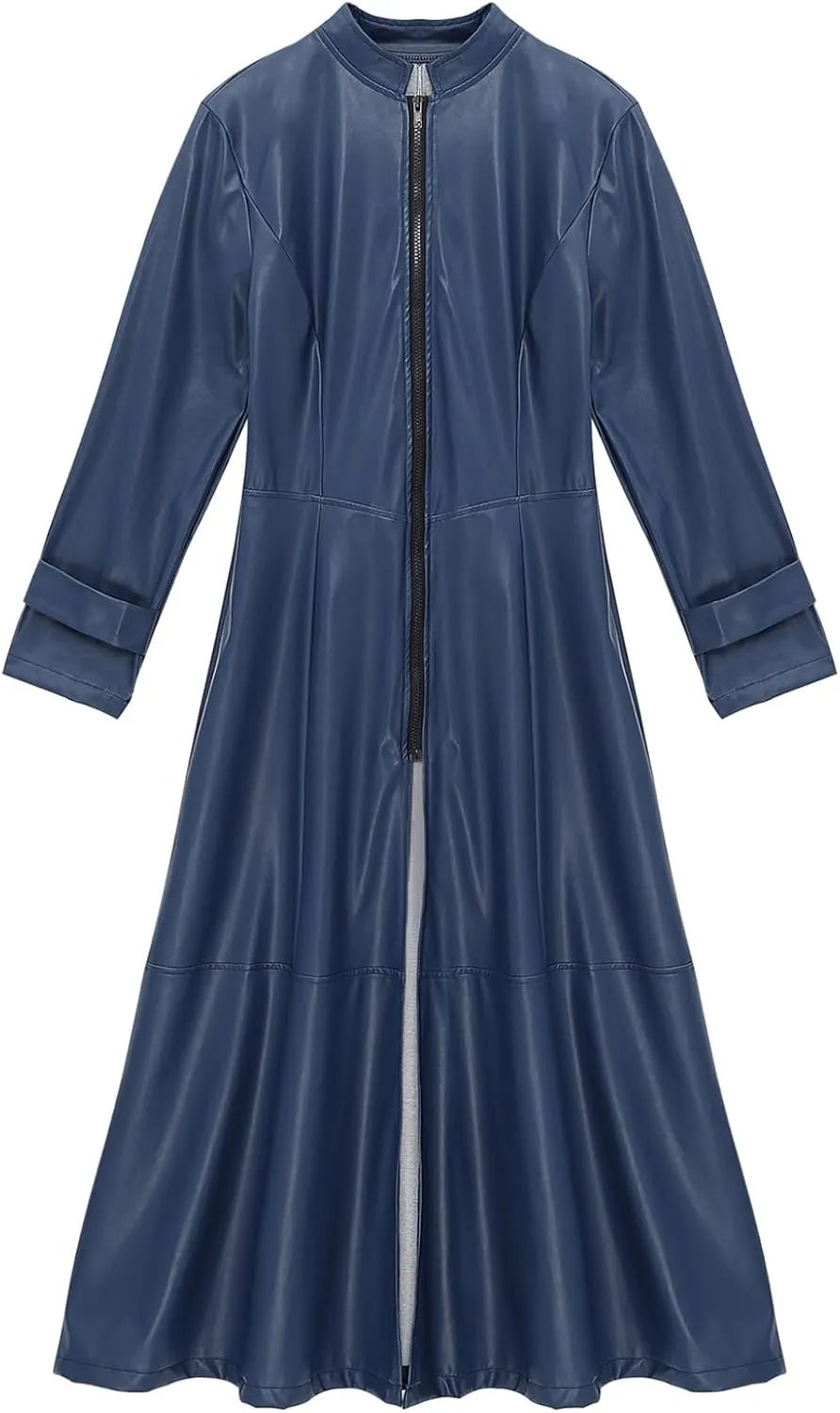 Women's Faux Leather Trench Coat Mock Neck Long Sleeve Full Zip Dress Coat Maxi Jacket Outwear