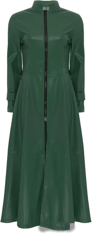 Women's Faux Leather Trench Coat Mock Neck Long Sleeve Full Zip Dress Coat Maxi Jacket Outwear