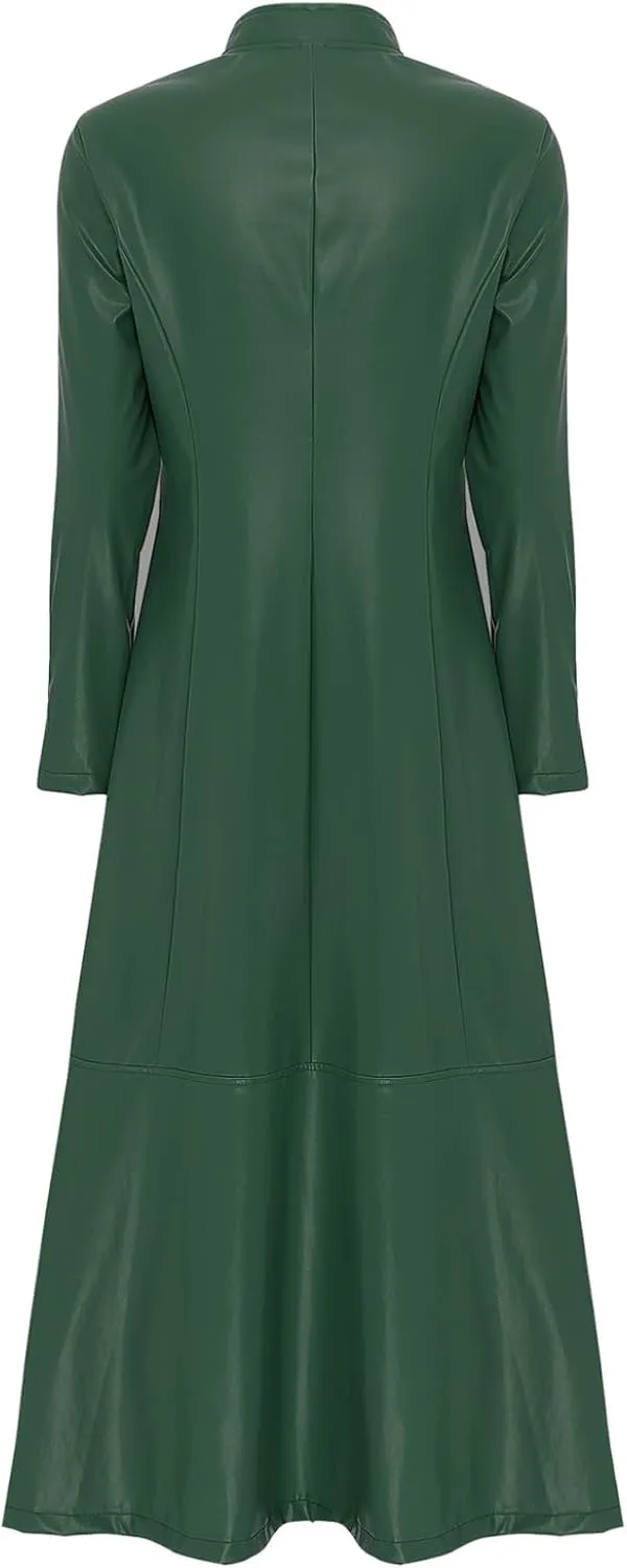 Women's Faux Leather Trench Coat Mock Neck Long Sleeve Full Zip Dress Coat Maxi Jacket Outwear