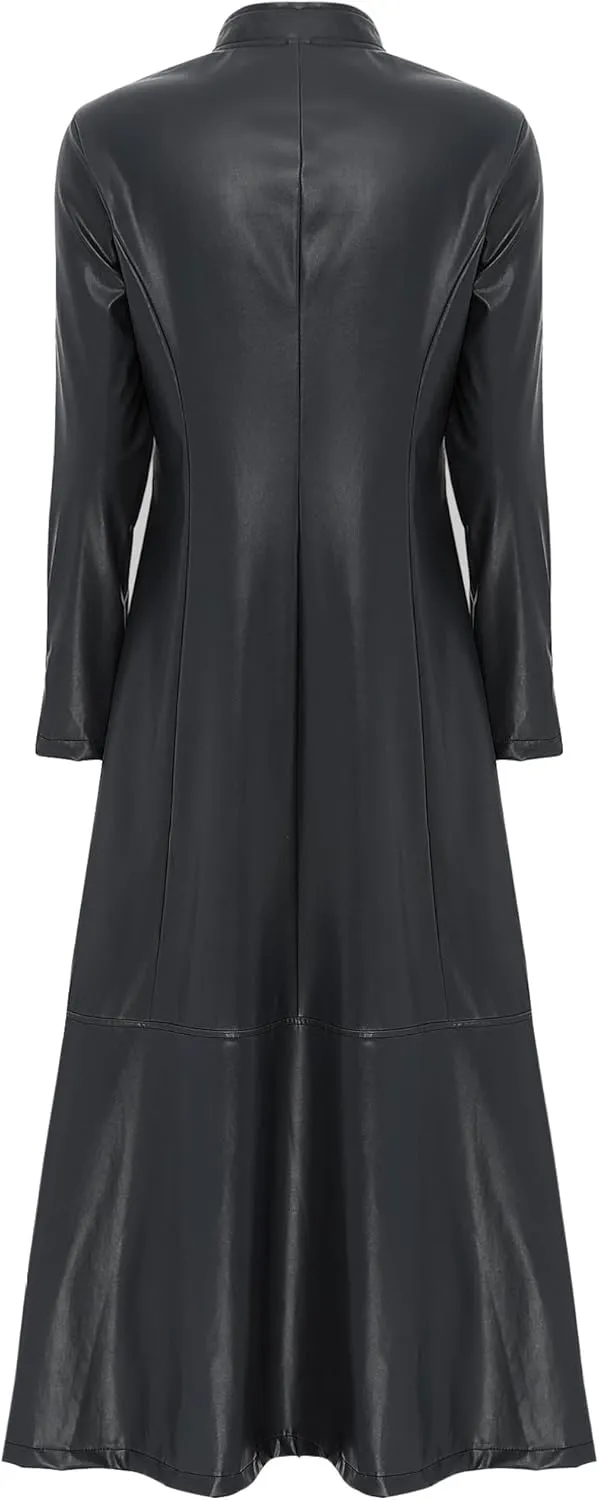 Women's Faux Leather Trench Coat Mock Neck Long Sleeve Full Zip Dress Coat Maxi Jacket Outwear