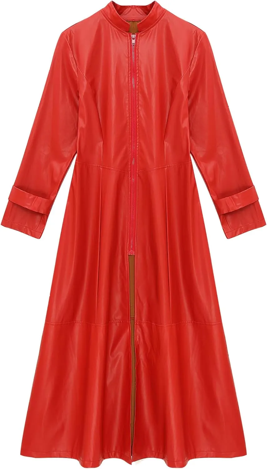 Women's Faux Leather Trench Coat Mock Neck Long Sleeve Full Zip Dress Coat Maxi Jacket Outwear
