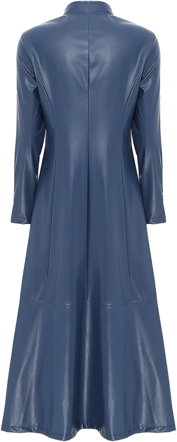 Women's Faux Leather Trench Coat Mock Neck Long Sleeve Full Zip Dress Coat Maxi Jacket Outwear